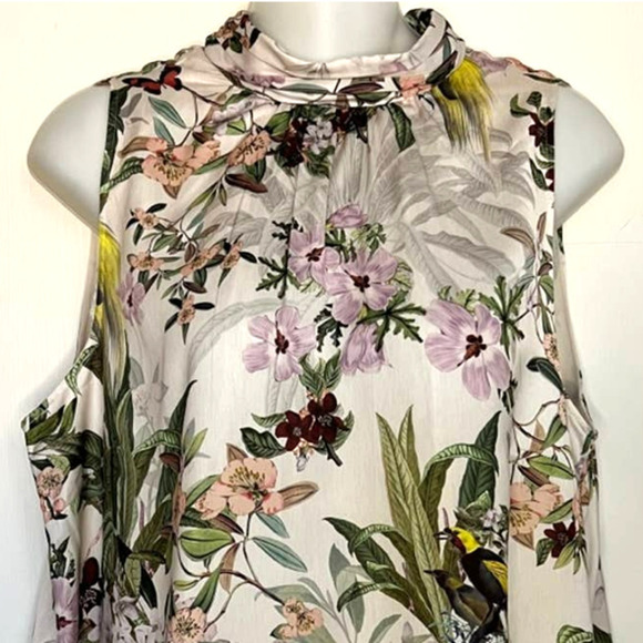 H & M BEAUTIFUL FLORAL & BIRD PRINT TIE BACK SHEATH DRESS SIZE MEDIUM - Picture 2 of 11